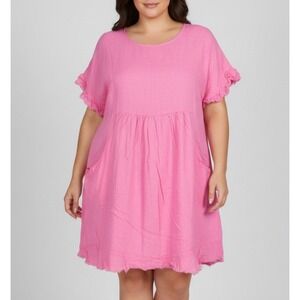 BAD LITTLE COUNTRY GIRL Pink LINEN BLEND Raw Hem POCKETS Tank A-LINE DRESS Sz 1X